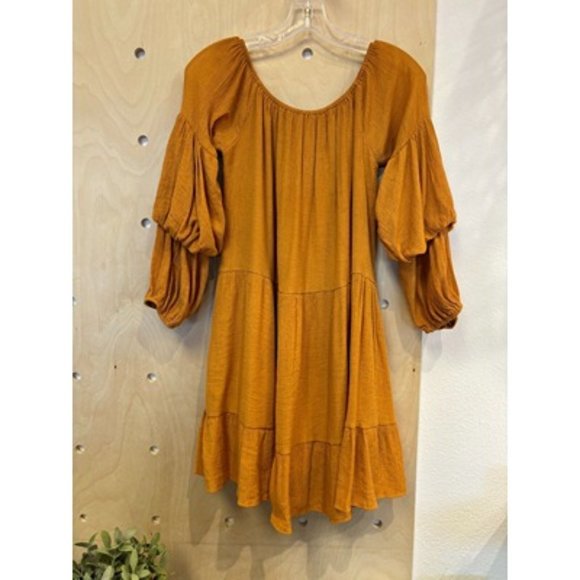Indikah Off The Shoulder Puff Sleeve Rayon Trapeze Dress Yellow Size Large - Picture 1 of 9